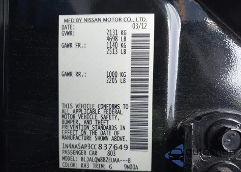 2012 Nissan Maxima 3.5 S из США, поврежденный, VIN 1N4AA5AP3CC837649